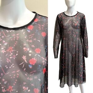 Sheer Floral Mesh Overlay Midi Dress Size Large Medium Long Sleeve Fairy Goth